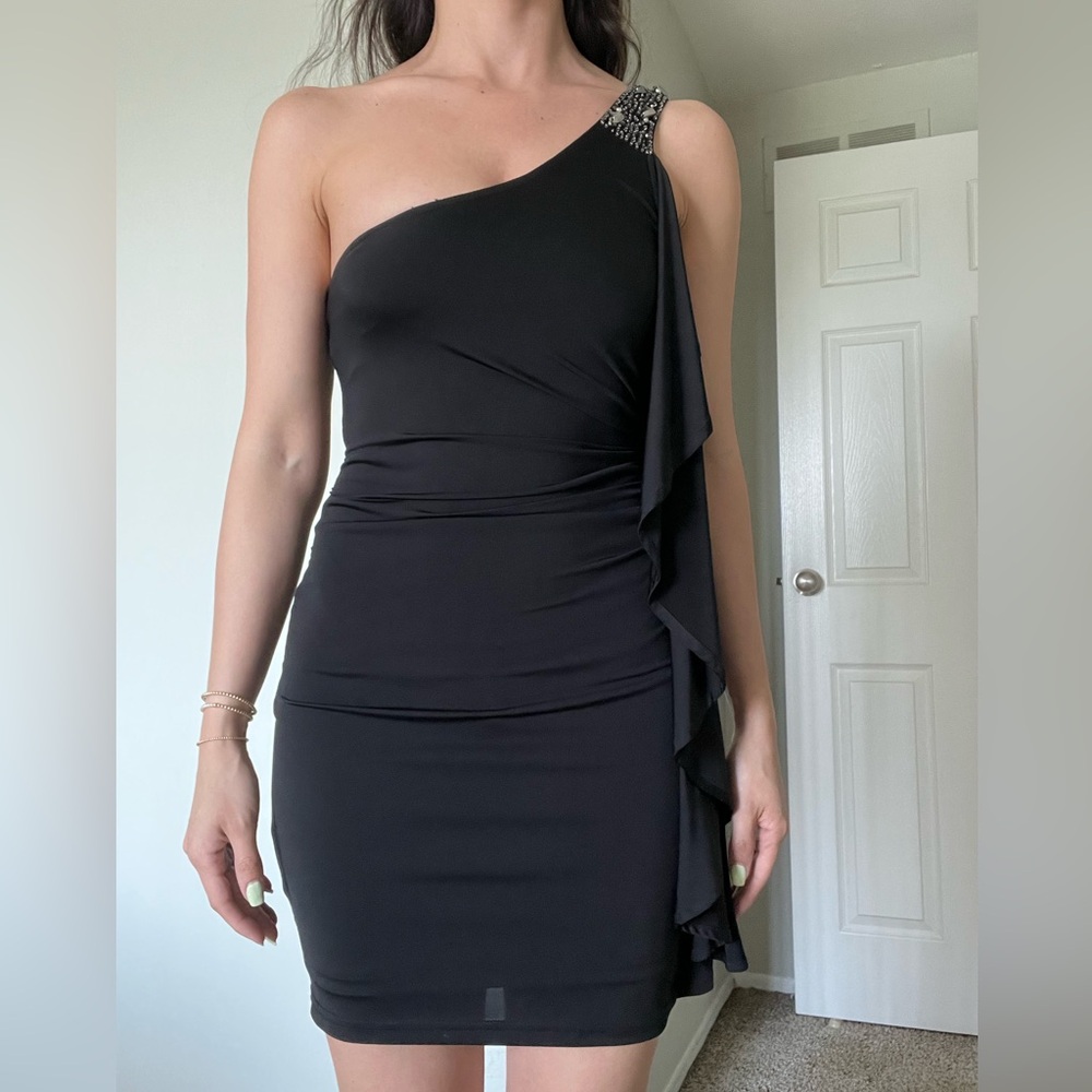 Black one shoulder mini dress